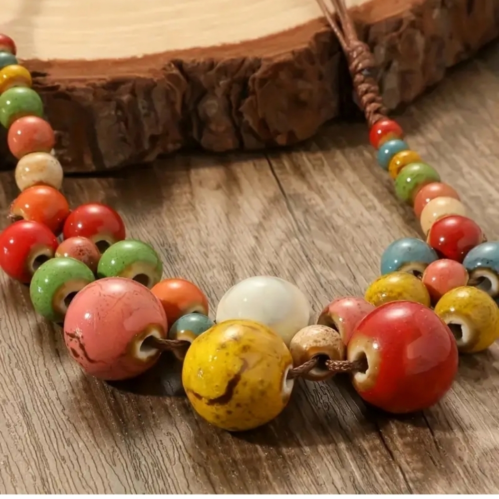 NECKLACE CERAMIC Beads Bohemian  Beaded Adjustable Necklace Tribal Colorful🍬 - Picture 3 of 7